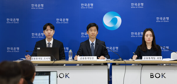 20일 오전 서울 중구 한국은행에서 2025년 1/4분기 가계신용(잠정) 설명회가 열렸다. 왼쪽부터 윤석규 금융통계팀 조사역, 김민수 금융통계팀장, 배지현 금융통계팀 과장 /한국은행