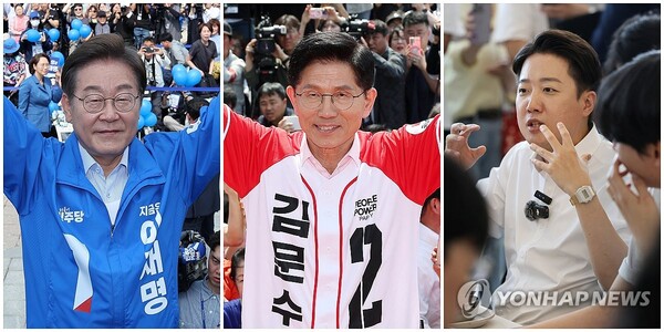 20일 더불어민주당 이재명(사진 왼쪽부터) 대선 후보가 경기 고양 일산문화광장에서 열린 집중유세에서, 국민의힘 김문수 대선 후보가 서울 서초구 고속터미널역 인근 집중유세에서, 개혁신당 이준석 대선 후보가 광주 북구 전남대학교에서 진행된 '학식먹자 이준석' 행사에서 지지를 호소하고 있다. /연합뉴스