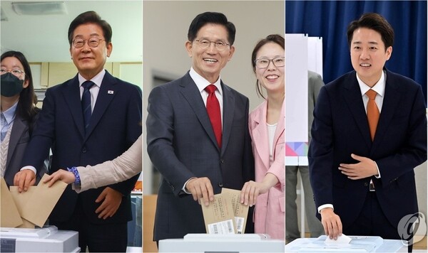 29일 더불어민주당 이재명 후보가 서울 서대문구 신촌동 주민센터 사전투표소에서 청년들과(왼쪽부터), 국민의힘 김문수 후보가 인천 계양구 계양1동 주민센터에서 딸 김동주 씨와, 개혁신당 이준석 후보가 경기도 화성시 동탄9동 행정복지센터에서 각각 사전투표를 하고 있다. /연합뉴스