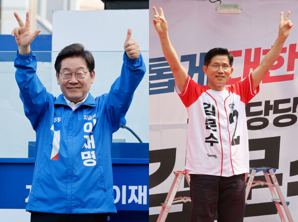 이재명 더불어민주당 대선 후보(왼쪽)와 김문수 국민의힘 대선 후보가 선거유세를 하고 있다. /연합뉴스