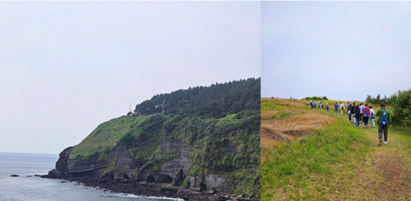 송악산 곳곳에 일본군이 파 놓은 동굴들(왼쪽)과 올레 10길 안에 위치한 평화바람길 /사진=김현주