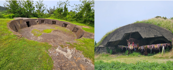 고사포 진지(왼쪽)와 알뜨르 비행장의 비행기 격납고 /사진=김현주