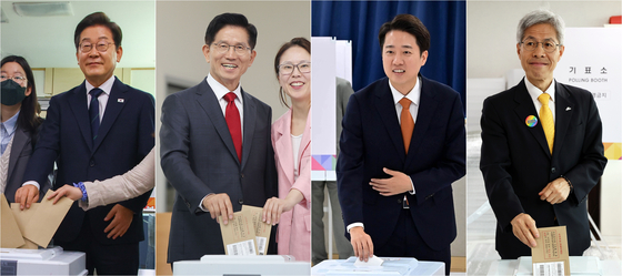 제21대 대통령선거 사전투표 첫날인 지난달 29일 주요 대선 후보들이 투표를 하고 있다. 사진은 (왼쪽부터) 이재명 더불어민주당 후보, 김문수 국민의힘 후보, 이준석 개혁신당 후보, 권영국 민주노동당 후보. /연합뉴스