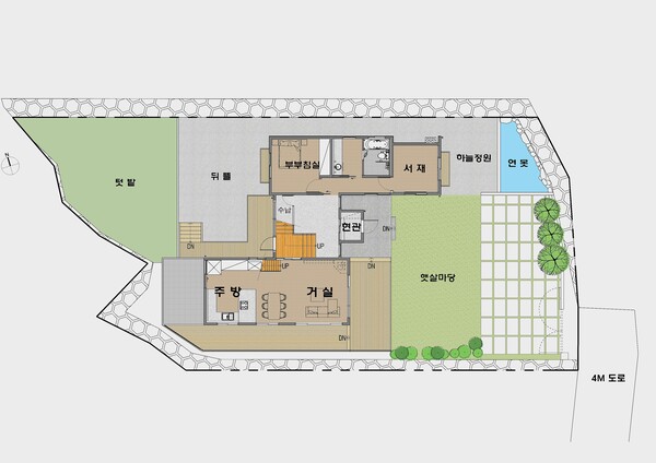 필자 설계 경남 양산 소재 단독주택 심한재 배치도, 한옥에서 가져온 배치의 지혜를 담았다. 건물은 집터의 가운데 앉히고 내부 공간과 외부 공간이 연관되어 기능이 부여된 다양한 마당을 가지고 있다. /김정관
