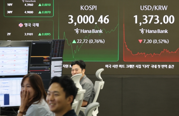 코스피가 장중 3000을 돌파한 20일 서울 중구 하나은행 딜링룸에서 딜러들의 모습 /연합뉴스