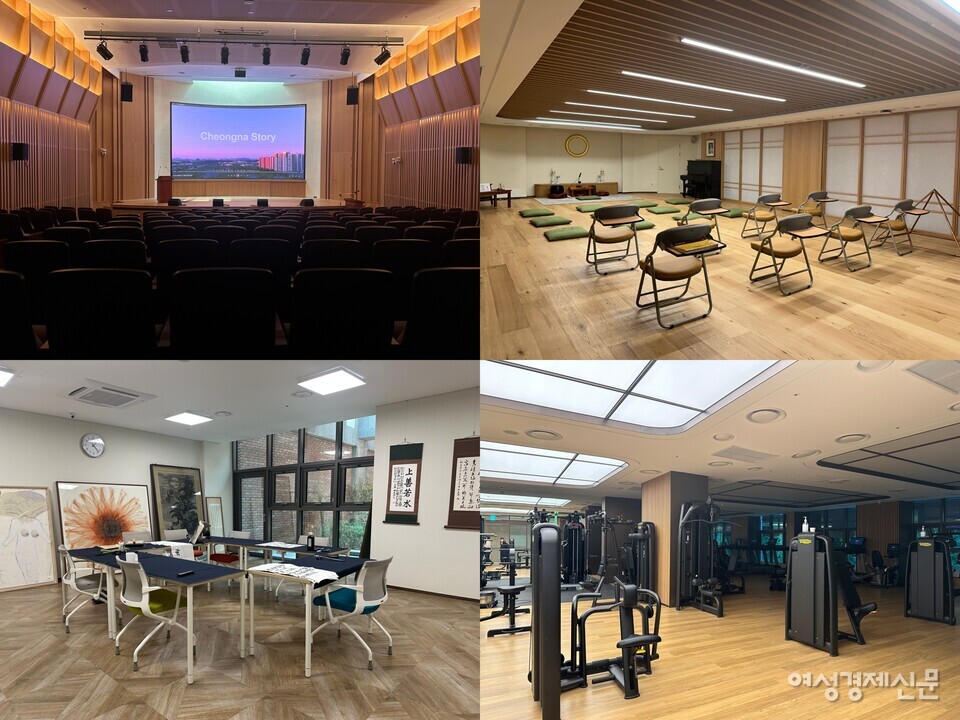 윗줄 왼쪽부터 시계 방향으로 강당, 명상실, 피트니스센터, 서예실 모습이다. 권 전무는 "명상실은 참여 어르신들의 만족도가 높아 이용이 점차 늘고 있다"며 "서예실은 하루 종일 자리를 지키며 활동하는 어르신이 있을 정도로 일부 공간은 매우 인기가 높다. 다만 골프장은 현재 활성화가 덜 된 상태로, 공간별 활용도에는 차이가 있는 편"이라고 했다. /김정수 기자