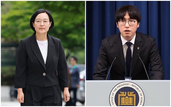 인사청문회 준비 사무실로 출근하고 있는 한성숙 중소벤처기업부 장관 후보자와 하정우 대통령실 AI미래기획수석 /연합뉴스