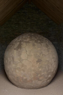 Clay Houses(Boulder-Room-Holes 2007)의 첫 번째 집 내부에 설치된 구체(Boulder) /Glenstone Museum