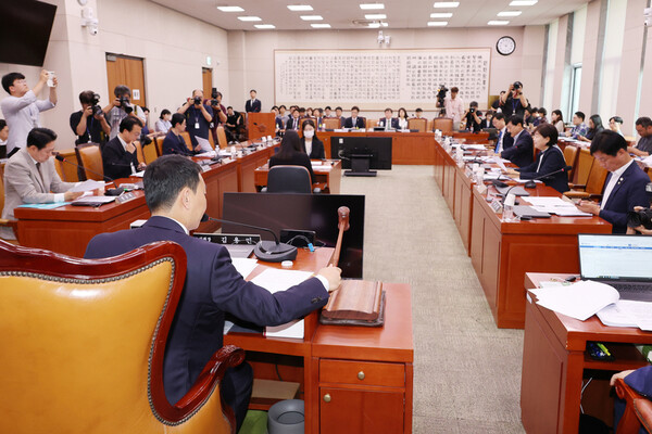 2일 국회 법제사법위원회 법안심사제1소위원회에서 더불어민주당 소속 김용민 소위원장이 상법 일부개정법률안 등 안건을 상정하며 의사봉을 두드리고 있다. /연합뉴스