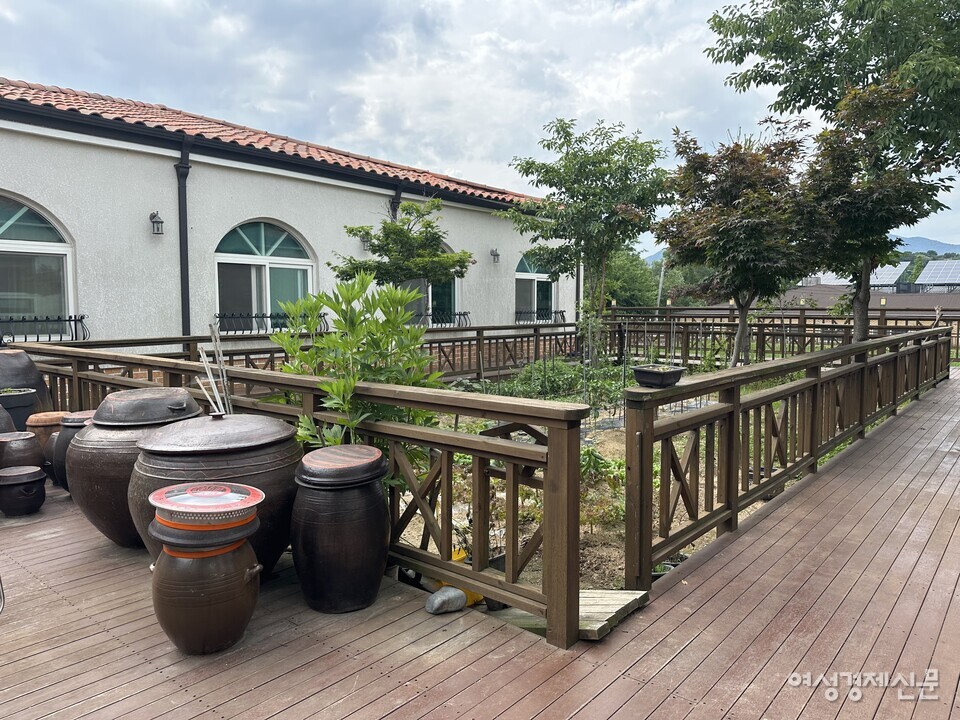 뉴천안실버타운 뒷 마당 모습. 직접 담근 장과 텃밭 등이 있다. /김정수 기자