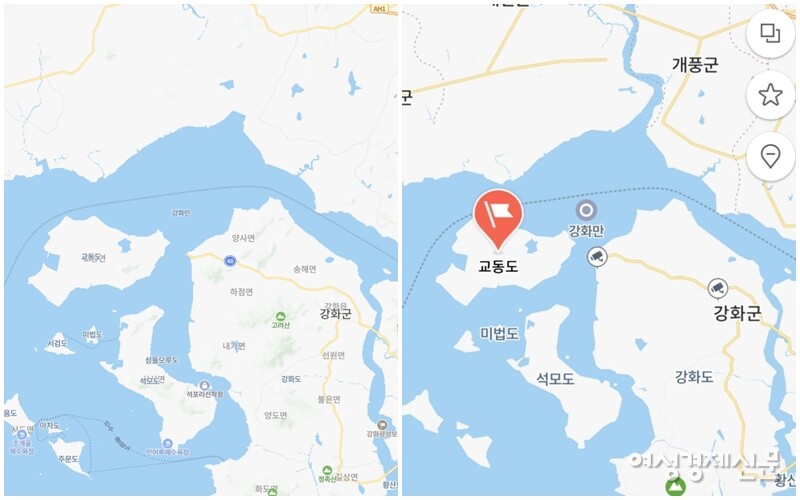 2025년 7월 현재 북한에 강이 없는 네이버 지도(왼쪽)와 다르게 2023년 5월 지도(오른쪽)에는 북한 개풍군의 예성강이 표시돼 있었다. /여성경제신문 DB