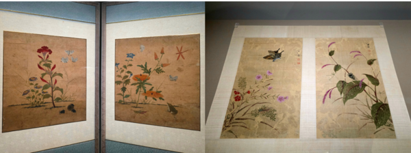 16세기 신사임당의 ‘초충도’(왼쪽)와 18세기 정선의 ‘하훼영모화첩’ 중 ‘석죽호접’과 ‘홍료추선’(오른쪽)은 꽃과 곤충을 그렸다는 점에서 공통점이 있다. /사진=김현주