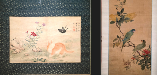 나비를 잡으려 하는 고양이를 그린 김홍도의 ‘황묘농접’(왼쪽)과 복사꽃과 할미새를 그린 장승업의 ‘춘금대명’ 중 부분 /사진=김현주