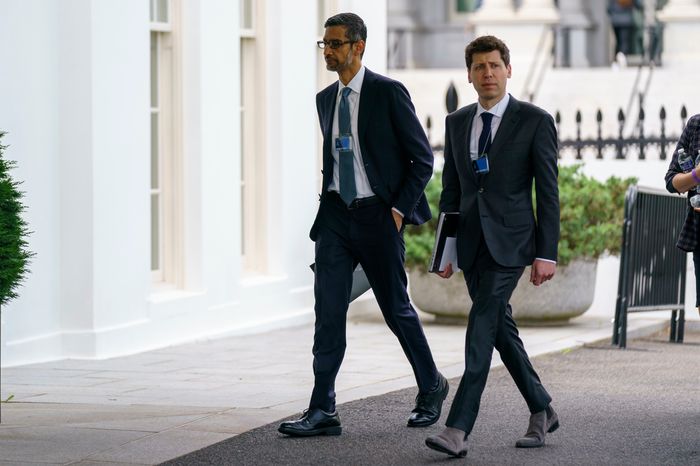 순다르 피차이 알파벳 최고경영자(CEO)와 샘 올트먼 오픈AI CEO가 백악관 앞을 걸어가고 있다. /AP=연합뉴스