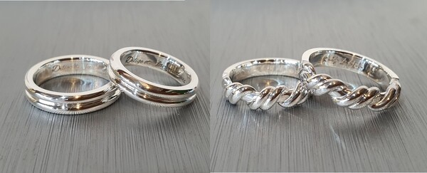 20년 넘는 우정을 기념해 만든 반지. 다른 팀이었지만, 모두 두 개의 선으로 우정을 표현했다. 오른쪽에 있는 꼬임은 망치로 두드려가며 형태를 만들기 때문에 왼쪽의 직선 라인보다 훨씬 난도가 높은 작업이다. /반지야 놀자