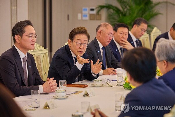 이재명 대통령이 13일 서울 용산 대통령실 청사에서 6경제단체·기업인 간담회를 하고 있다. /연합뉴스