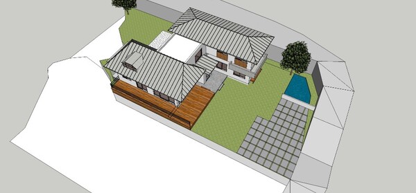 필자 설계 경남 양산 소재 단독주택 심한재 조감도, 사랑채는 거실채, 안채는 침실채로 채 나눔으로 설계했다. 침실채는 아래층이 부부 침실이고 위층이 아이들 방인데 나중에는 손님방이 될 것이다. 손주가 자주 올 수 있도록 설계된 한옥에서 가져온 개념을 적용한 단독주택이다. /김정관