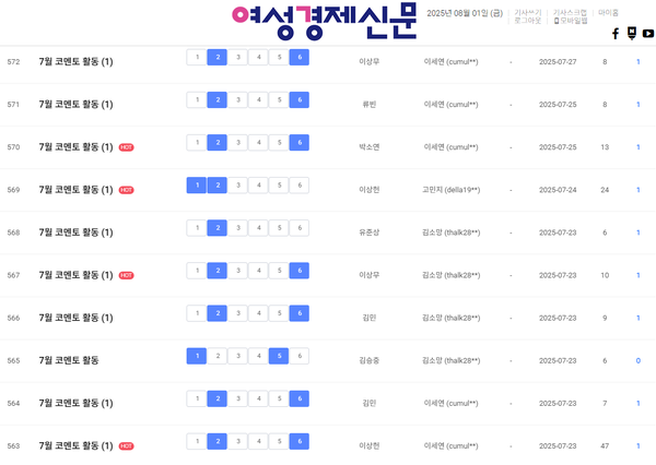 여경 코멘토 7월 넷째 주 게시판 /여성경제신문 홈페이지 캡처