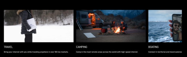 스타링크 공식 사이트에 여행, 캠핑, 해양 등 접속가능성을 홍보하고 있다. /스타링크 공식 홈페이지 캡처