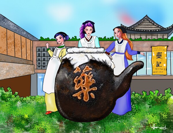 넷플릭스 <케이팝 데몬 헌터스>에 등장하는 한의원의 배경지인 제기동 한방 진흥센터, 영화 속 캐릭터 참조 /그림=홍미옥, 아이패드로 그림