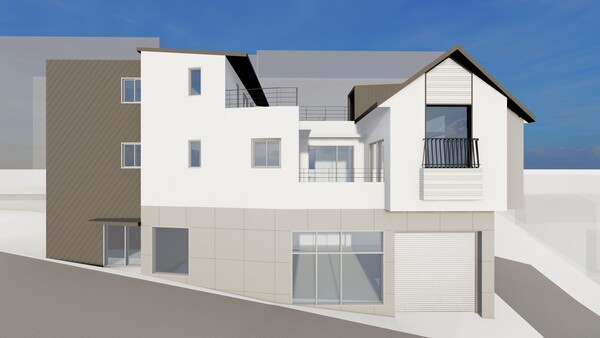 완성된 설계 투시도, 일 층은 건축주의 사업장이 들어가고 이삼 층이 단독주택인데 오른쪽이 침실채, 왼쪽이 거실채로 채 나눔 개념이 적용되었다. /김정관