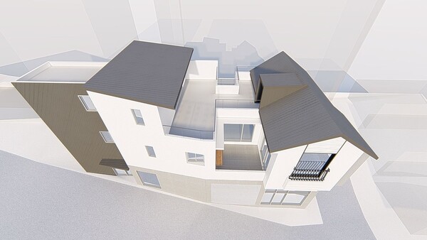 설계를 조감도로 보면 정 서향 대지에 남향집이 된 모습을 이해할 수 있을 것이다. 침실채는 마당을 끼고 남향 햇살을 받고 거실채는 대지의 끝단에 있어 남향집이 되었다. /김정관