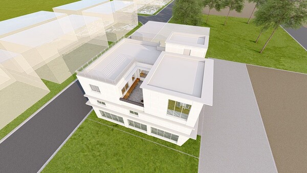 필자 설계 부산 에코델타시티 상가주택 이안정 조감도. 3층의 단독주택이 거실채와 침실채가 마당을 가운데 두고 채 나눔 되어 있는 것을 볼 수 있다. /김정관