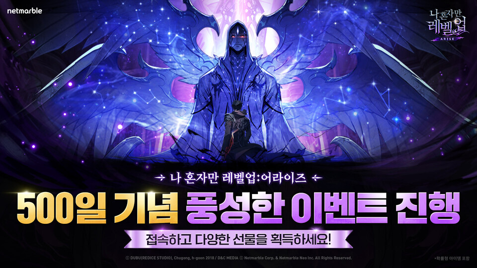 넷마블의 액션 게임 '나 혼자만 레벨업:어라이즈'가 정식 출시 500일을 맞아 3종 이벤트를 실시한다. /넷마블