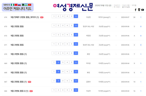 여경 코멘토 9월 첫째 주 활동 리스트 /여성경제신문 홈페이지 캡처