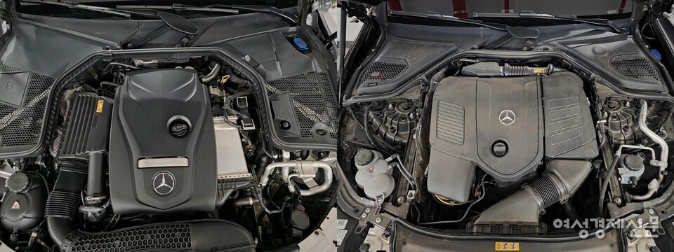 벤츠 2.0리터 가솔린 엔진은 M274(사진 왼쪽)에서 M254로 세대교체를 이뤘다. M274는 중고차 시장에 대량 풀린 검증된 내연기관이지만 냉각계통·체인 관리가 필요하다. M254는 48V 마일드 하이브리드로 정숙성과 효율을 끌어올렸으며 신형 E·C클래스의 주력으로 자리 잡고 있다. /김현우 기자