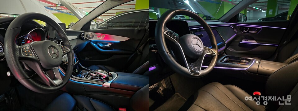 벤츠 C클래스 W205(왼쪽)와 E클래스 W214는 차급은 달라도 공통적으로 2.0리터 터보 4기통을 앞세워 시장을 이끌었다. W205는 M274 엔진으로 중고차 시장을 채웠고, W214는 M254와 48V ISG로 정숙성과 효율을 높여 신차 시장을 주도한다. 인테리어 역시 아날로그적 구성에서 디지털 중심으로 변모하며 세대 교체를 체감케 한다. /김현우 기자