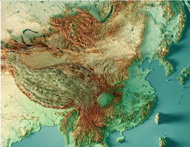 동아시아의 지형도. 오른쪽의 한반도 옆에 있는 큰 평원이 바로 화북평원(華北平原)이다. 그 가운데의 조그마한 산지가 태산(泰山), 한반도 위의 평평한 지역은 만주의 동북평원(東北平原)이고, 가운데에 뻥 뚫린 듯한 지역은 쓰촨성이다. /https://namu.wiki/w/%ED%99%94%EB%B6%81%ED%8F%89%EC%95%BC