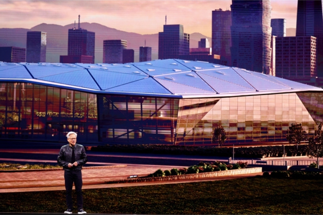 2025년 8월 엔비디아 젠슨 황 CEO가 대만 타이베이 스린(北投·士林) 지역에서 해외 본부 설립 계획을 발표하며 조감도를 공개하고 있다. /엔비디아