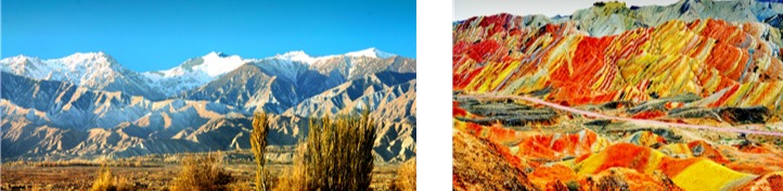 기련산 풍경. 기련산의 일부분인 칠채단하(七彩丹霞, 오른쪽)는 장액(張掖) 부근의 산이다. 여기서 화장품 연지가 생산된다. /https://m.ctrip.com/webapp/you/gspoi/photos