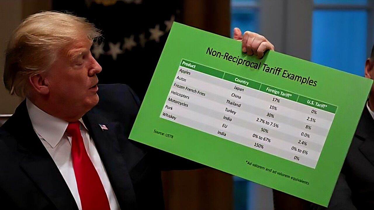 도널드 트럼프 전 미국 대통령이 백악관 회의 자리에서 무역 불균형을 보여주는 ‘Non-Reciprocal Tariff Examples(비상호적 관세 사례)’ 표를 들어 보이고 있다. 트럼프는 자동차·농산물·위스키 등 개별 품목의 관세 격차를 문제 삼으며, 환율 개입을 비관세장벽 1순위로 지목한 바 있다. /백악관