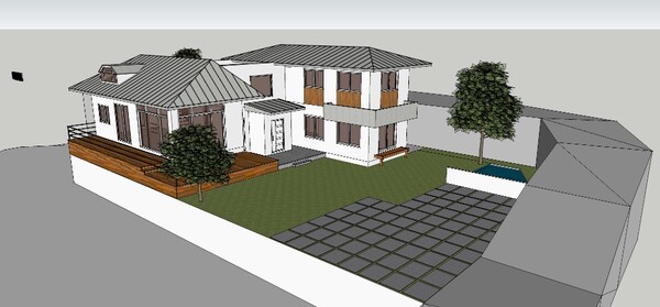 필자 설계 경남 양산 소재 단독주택 심한재 투시도, 거실채와 침실채가 채 나눔 되어 손님이 찾아오고, 1층은 방마다 툇마루로 마당에 드나들 수 있는 이 시대의 한옥으로 지었다. /김정관