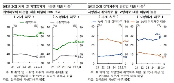 가계 및 자영업자 비은행 대출 비중과 취약차주 연령별 대출 비중 그래프 /한국은행