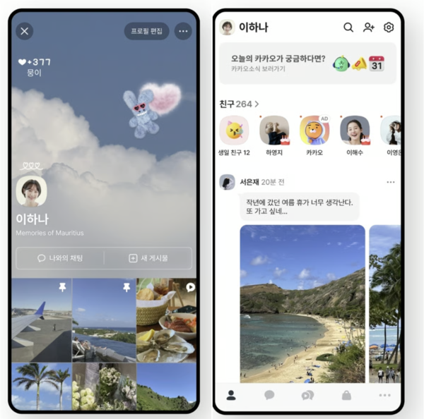 카카오톡 프로필(왼쪽)과 친구 탭 예시 화면. /카카오