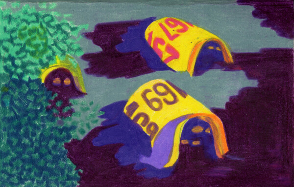 볼더스 비치에 있는 어린 펭귄의 집들. 플라스틱 통을 반 갈라 땅에 심어서 만들었다. /그림=일러스트  윤마디  madimadi-e@naver.com