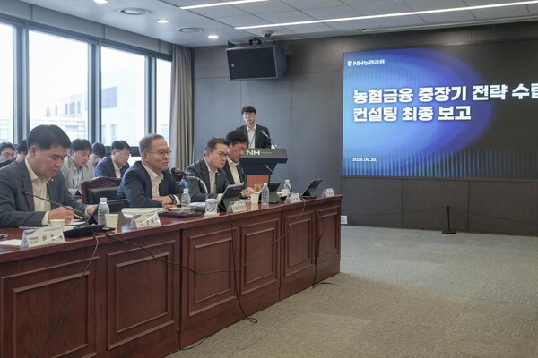 지난 29일 개최된 '농협금융 중장기 전략 수립' 컨설팅 최종 보고회에서 이찬우 NH농협금융지주 회장이 생산적금융의 중요성을 강조하고 있다.  /농협금융