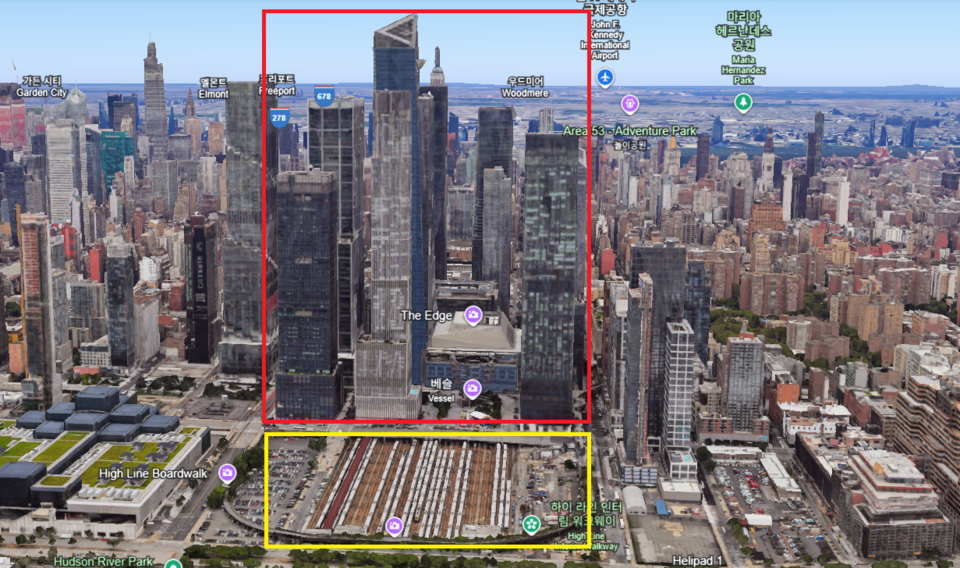 철도차량 기지(노란색 박스)위 공중권(빨간색 박스)을 매입한 사례. 미국 뉴욕 맨해튼 서쪽 허드슨야드 /구글어스