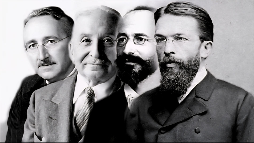 오스트리안 학파의  프리드리히 하이에크, 루트비히 폰 미제스, 오이겐 뵘바베르크, 카를 멩거(왼쪽부터). 이들은 인위적 금리 조정과 신용 팽창이 시장 질서를 왜곡하고 결국 붕괴로 이어진다는 ‘붐–버스트’ 이론의 토대를 세웠다. 오늘날 한국 경제의 금융–실물 위상 괴리를 해석하는 데에도 이들의 통찰이 중요한 참고점이 되고 있다. /미제스연구소