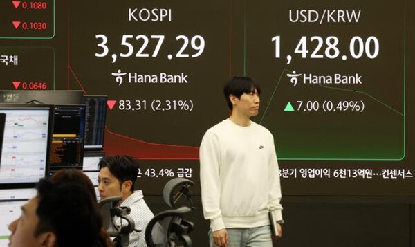13일 서울 중구 하나은행 딜링룸 현황판에 코스피가 3527.29를 나타내고 있다. /연합뉴스
