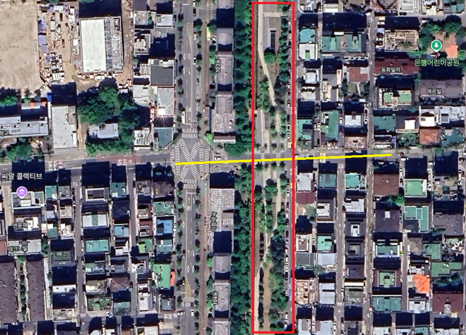 보행이 끊기는 경의선 숲길 역세권 구간 /구글 어스