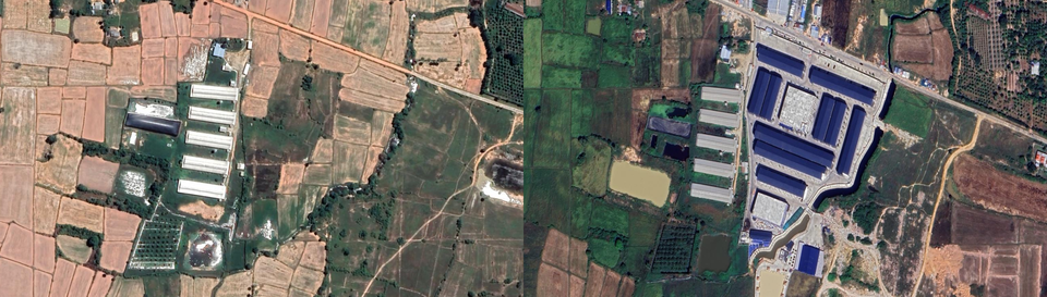 2022년엔 논밭이던 프놈펜 인근 부지(왼쪽, 2022년 2월 28일 촬영))에 2024년 폐쇄형 단지가 신축(사진 오른쪽, 2024년 11월 30일 촬영)됐다. /구글맵스