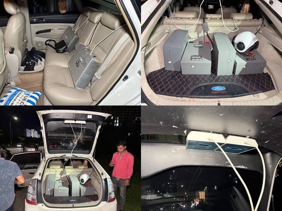 지난 20일 캄보디아 경찰이 검문 중 적발한 차량 내부에 불법 송·수신기가 부착되어 있다. /캄보디아 경찰