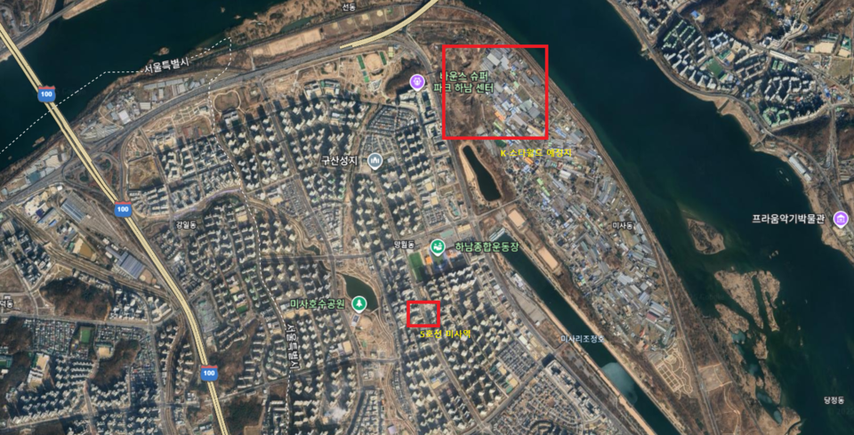 현재까지 개통된 5호선 미사역과 K-스타월드 예정지 간 거리도 멀다. 현재로선 마을버스를 이용해야 접근이 가능하다. /구글 맵스