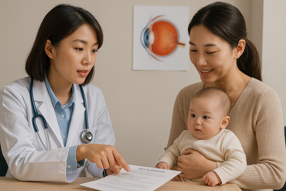 신생아 실명 예방의 핵심인 안저검사 안내 지침이 지자체마다 제각각으로 드러났다. 일부 지역 보건소에서는 자체적으로 임산부 대상 안내문을 제작해 배포하고 있지만 다수 지자체는 정부 지침이 없다는 이유로 시행을 미루고 있다. /챗GPT