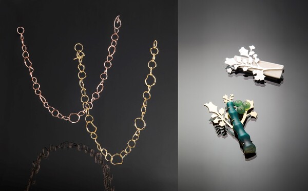 (왼쪽)소이 갤러리의 베스트 셀러인 ‘해피트리' 컬렉션 목걸이와 ‘호랑가시나무’를 모티브로 한 브로치 작품 /문소이