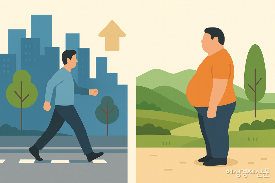 많이 걷는 대도시의 비만율이 가장 낮고 보행 인프라가 취약한 농어촌은 비만율이 가장 높게 드러났다. 지역 생활환경 차이가 건강 지표와 밀접하게 연결된 것으로 분석된다. /챗GPT